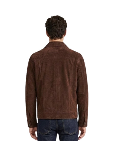 Man wearing a brown suede jacket on a white background