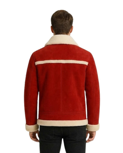 Red jacket with white collar and trim worn by a person on a white background