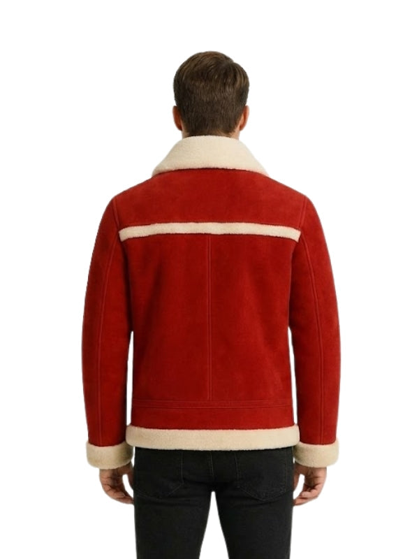 Red jacket with white collar and trim worn by a person on a white background
