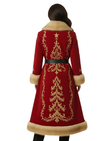 Red coat with gold embroidery and fur trim on a white background