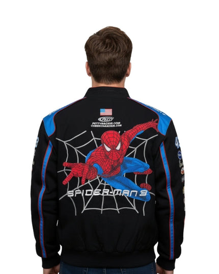 Person wearing a Spider-Man themed jacket with a visible logo on the back.