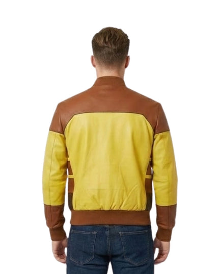 Man wearing a yellow and brown jacket on a white background