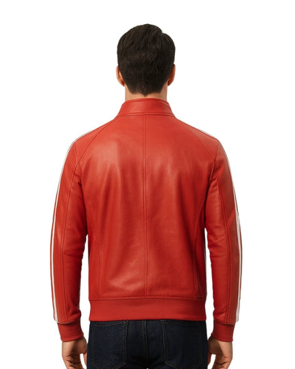 Red leather jacket worn by a person on a white background