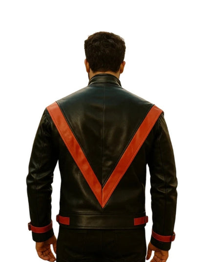 Black leather jacket with red accents on a white background