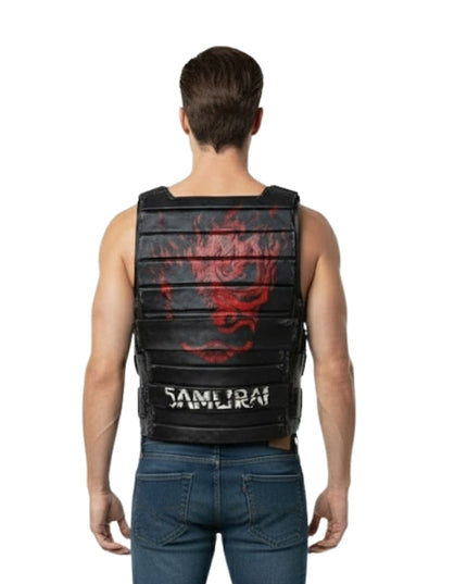Person wearing a black and red 'Samurai' vest on a white background