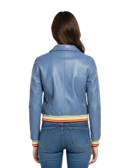 Blue leather jacket with colorful cuffs worn by a person on a white background