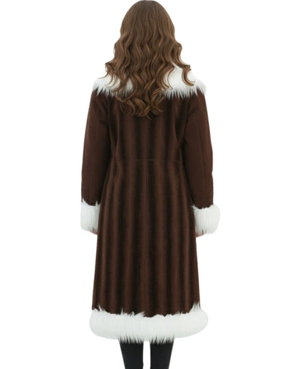 Brown coat with white fur trim worn by a person on a white background