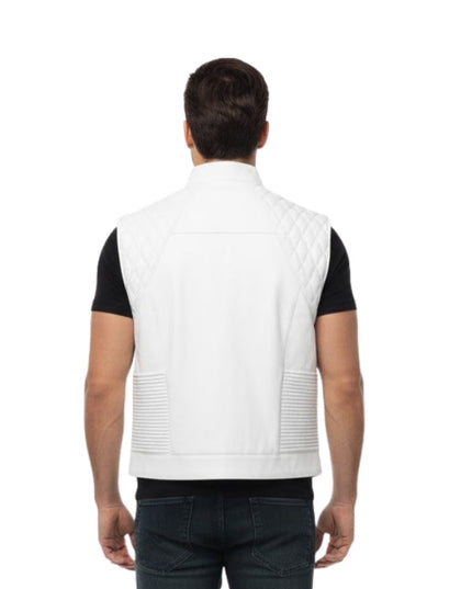 Person wearing a white vest with black sleeves on a white background