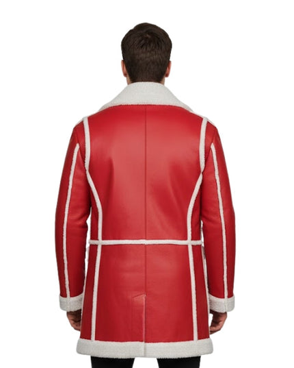 Red leather coat with white trim on a white background
