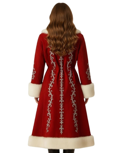 Red coat with white embroidery and trim on a white background