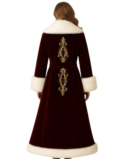 Dark red coat with white fur trim and gold embroidery on a white background
