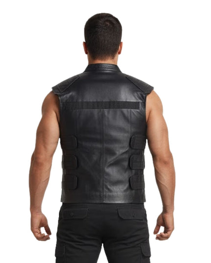 Black leather vest worn by a person on a white background