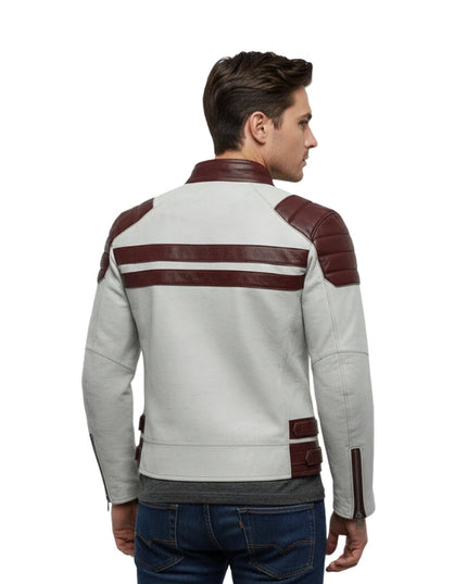 Man wearing a white and brown jacket with leather accents on a white background