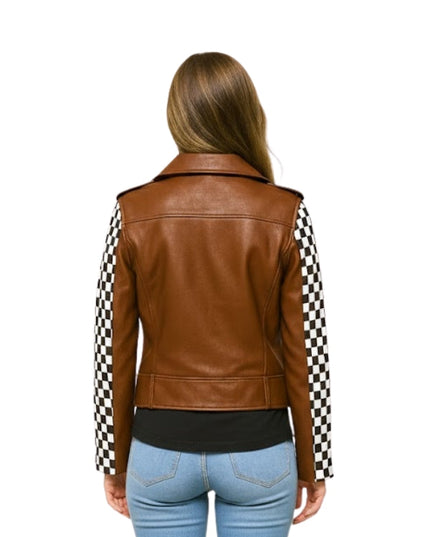 Brown leather jacket with checkered sleeves worn by a person on a white background