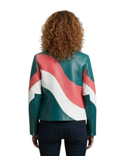 Person wearing a colorful jacket with a white background