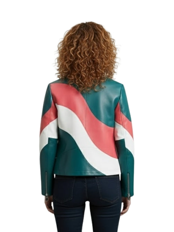Person wearing a colorful jacket with a white background