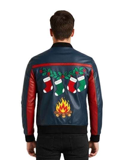 Person wearing a festive jacket with stockings and a campfire design on a white background