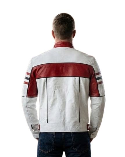 White and red leather jacket worn by a person on a white background