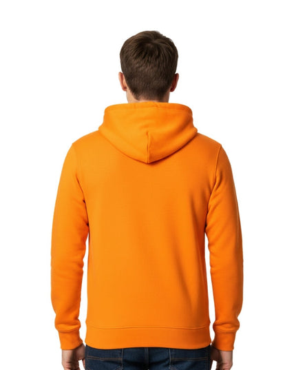 Person wearing an orange hoodie on a white background
