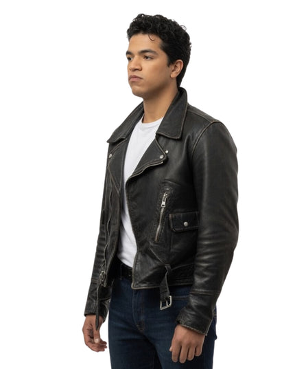 Man wearing a black leather jacket on a white background
