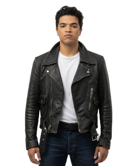 Man wearing a black leather jacket on a white background