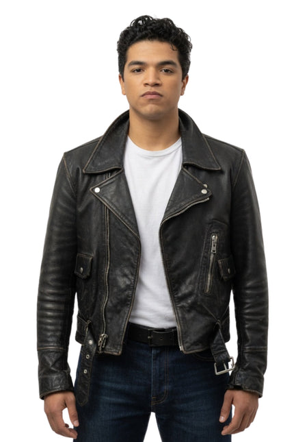Man wearing a black leather jacket on a white background