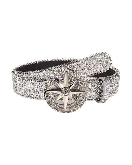 Silver glittery belt with star-shaped buckle on a white background
