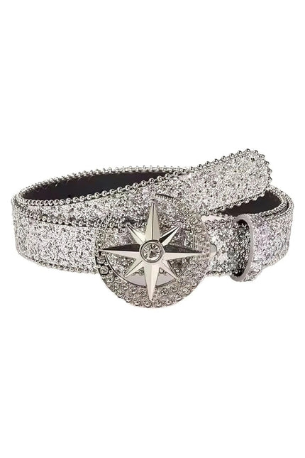 Silver glittery belt with star-shaped buckle on a white background
