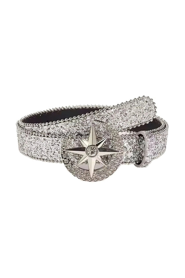 Silver glittery belt with star-shaped buckle on a white background