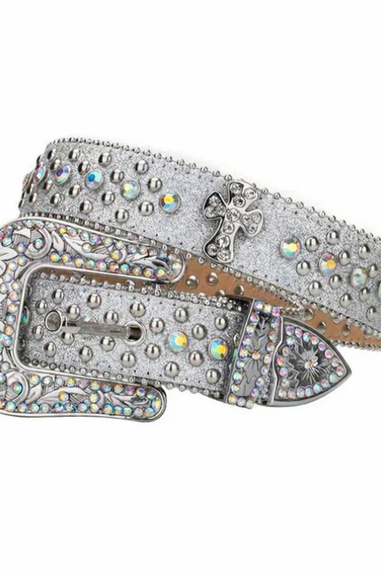Decorative belt with crystals and cross design on a white background