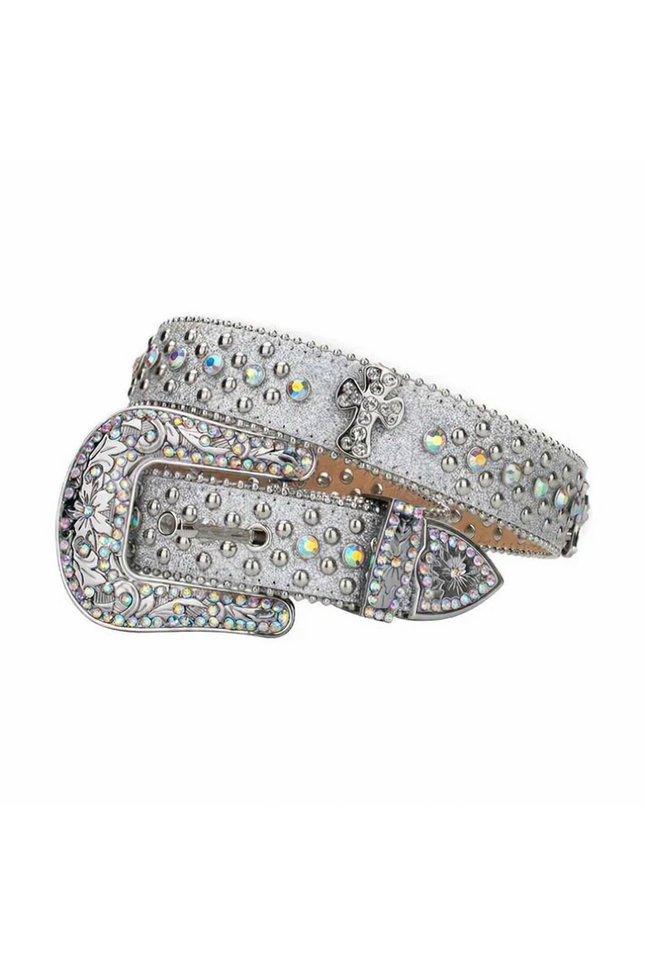 Decorative belt with crystals and cross design on a white background