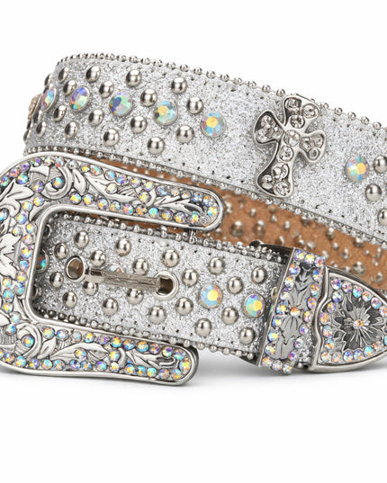 Decorative belt with silver buckle and gemstones on a white background