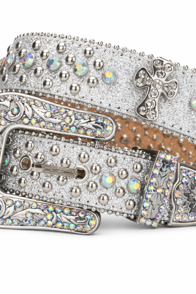 Decorative belt with silver buckle and gemstones on a white background