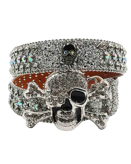 Silver skull bracelet with clear stones on a white background