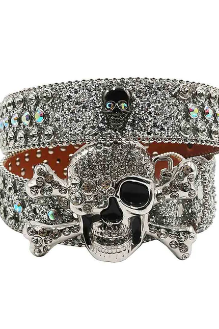 Silver skull bracelet with clear stones on a white background