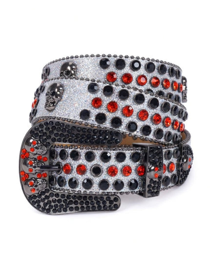 Belt with black and red gemstones on a white background