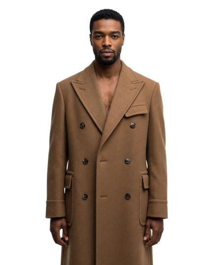 Man wearing a brown overcoat on a white background