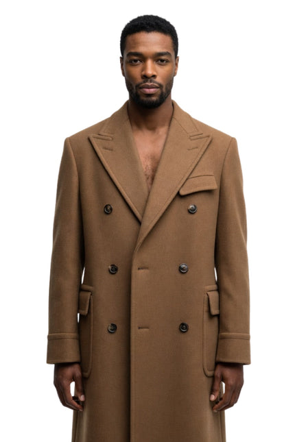 Man wearing a brown overcoat on a white background