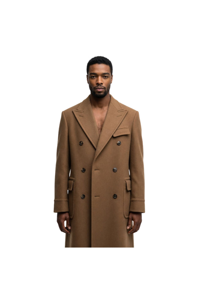 Man wearing a brown overcoat on a white background