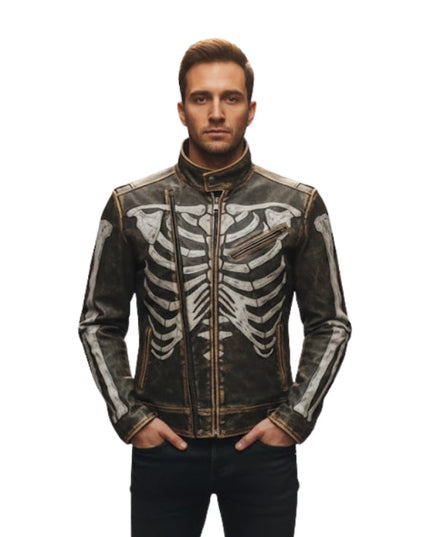 Man wearing a black leather jacket with skeleton design on a white background