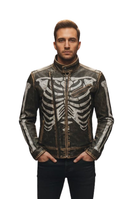 Man wearing a black leather jacket with skeleton design on a white background