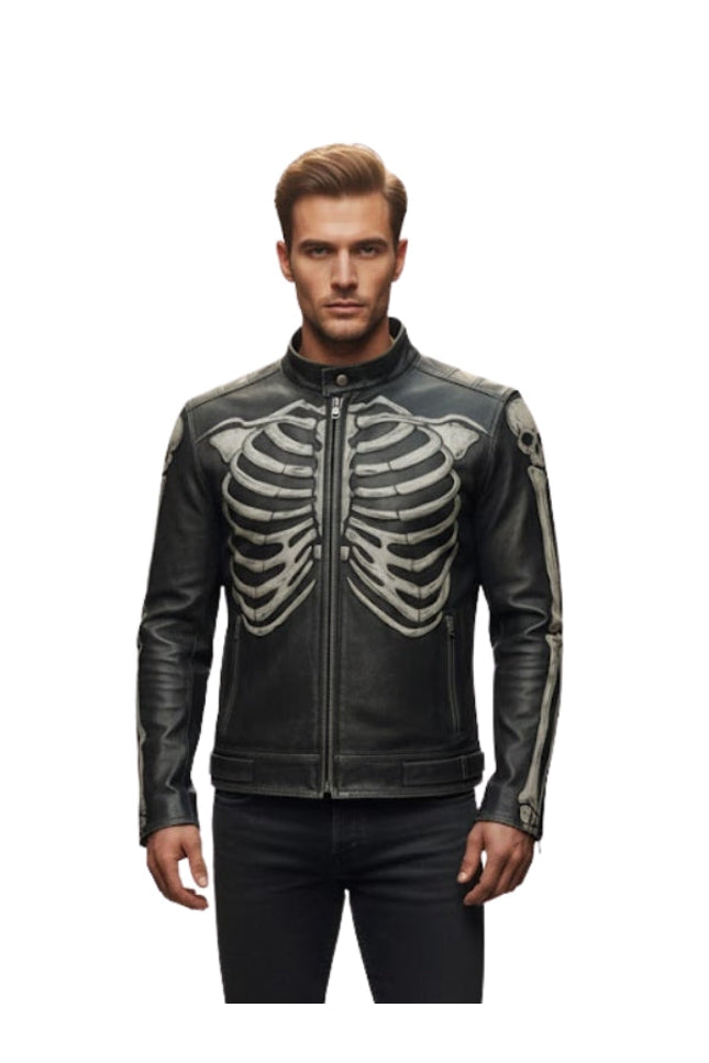 Man wearing a black leather jacket with skeleton design on a white background