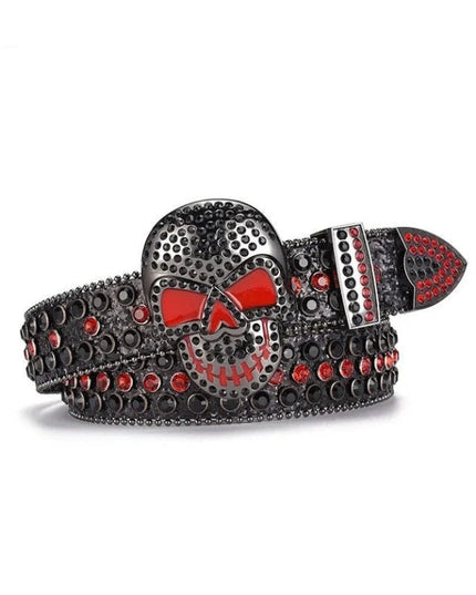 Belt with skull design and red accents on a white background