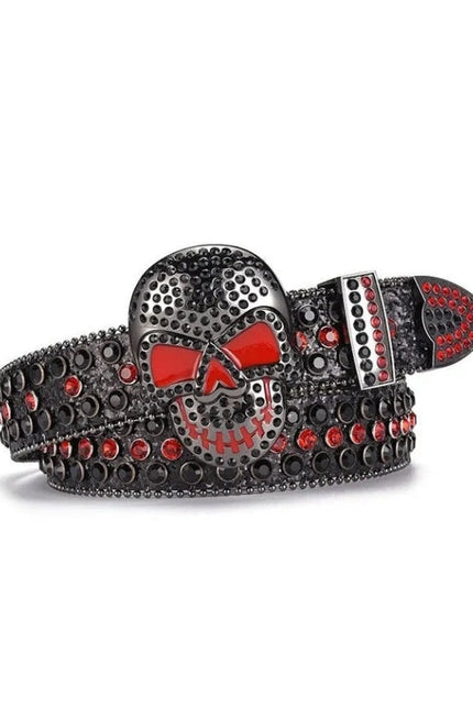 Belt with skull design and red accents on a white background