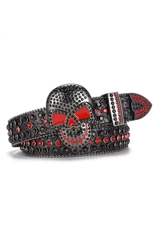 Belt with skull design and red accents on a white background
