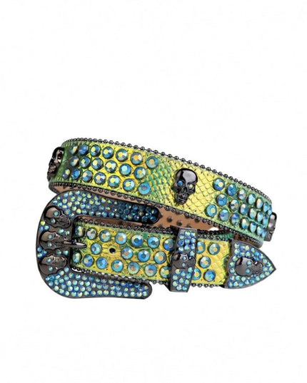 Decorative belt with blue gemstones on a white background