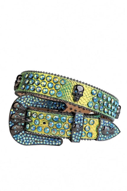 Decorative belt with blue gemstones on a white background