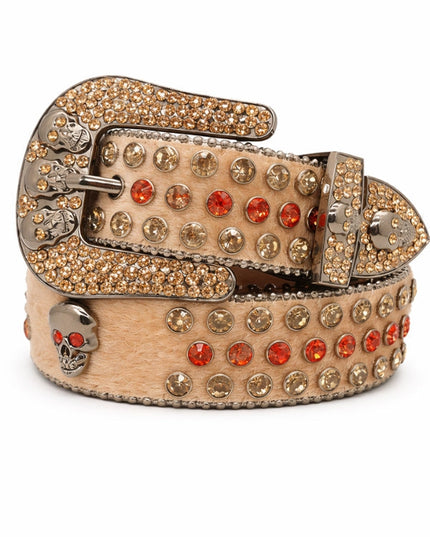 Decorative belt with gemstones and skull design on a white background