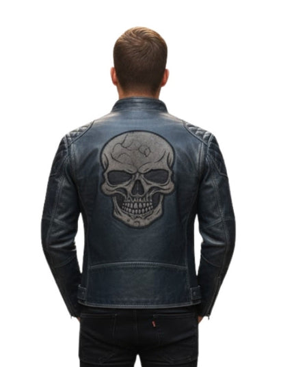 Man wearing a black leather jacket with a skull design on the back against a white background