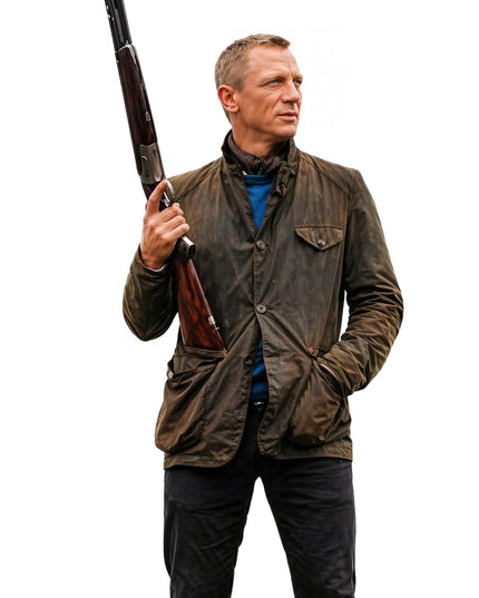 Man holding a shotgun wearing a brown jacket on a white background